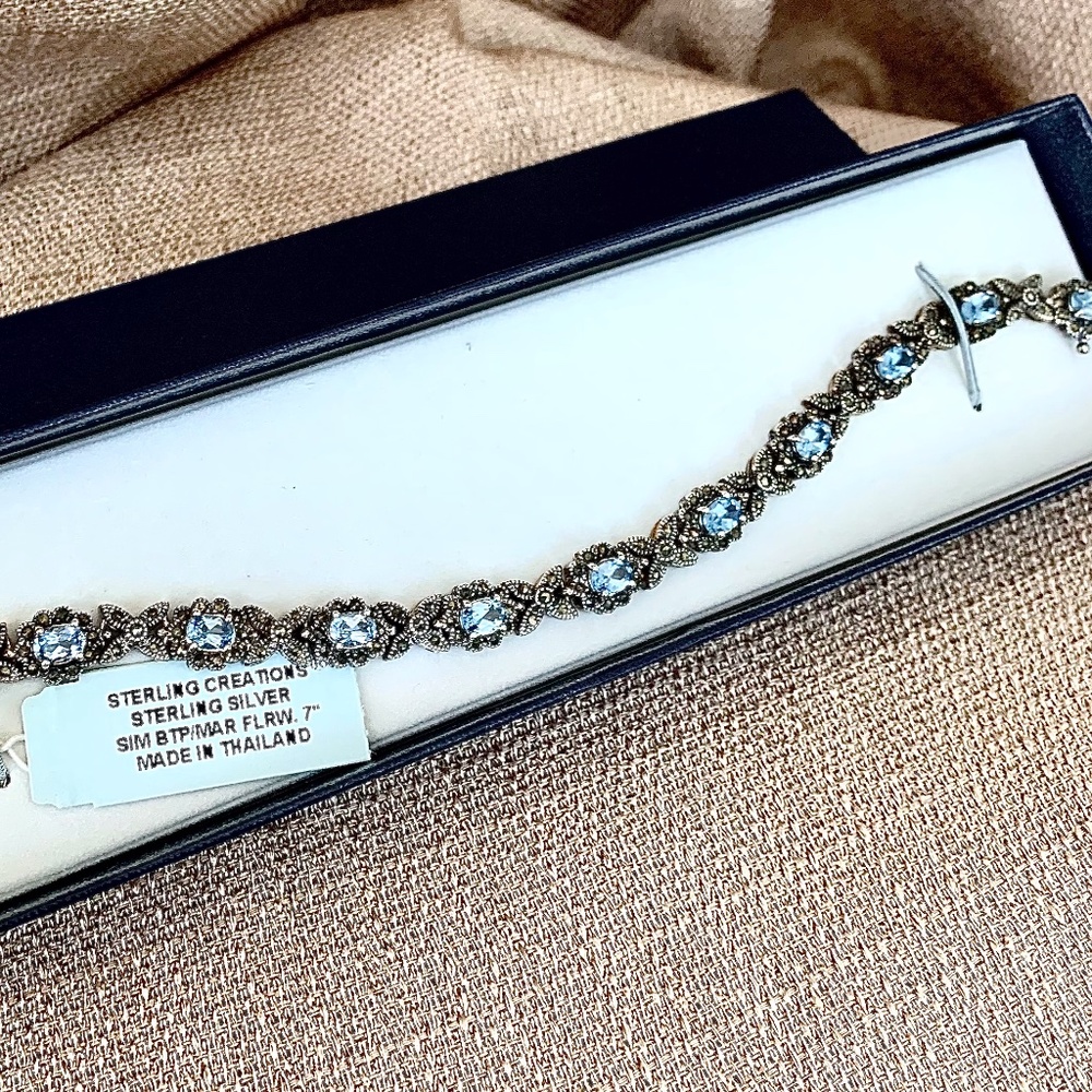 Vtg Stg Silver Aquamarine & Marcasite Bracelet - Picture 3 of 9